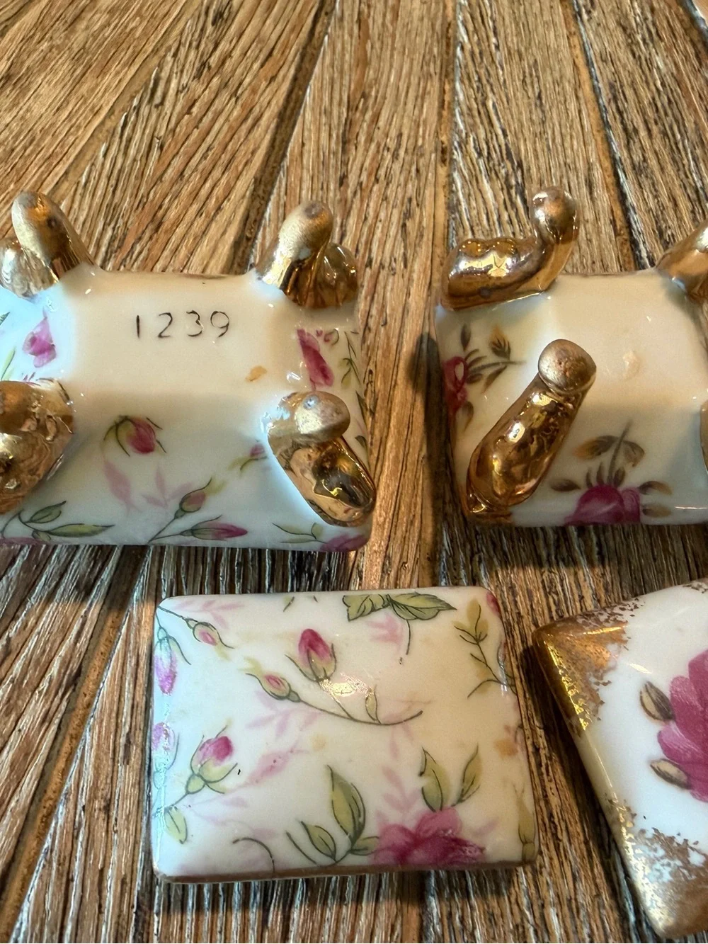Pair Vintage Mini Porcelain Footed Trinket Boxes Pink Rose Floral Gold ring box